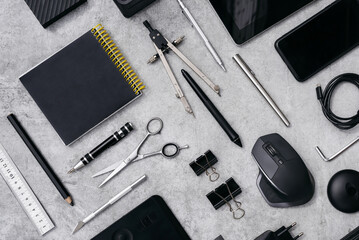 Set of various devices and home office tools