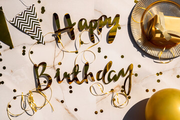 Birthday party celebration Inscription on table. Happy Birthday