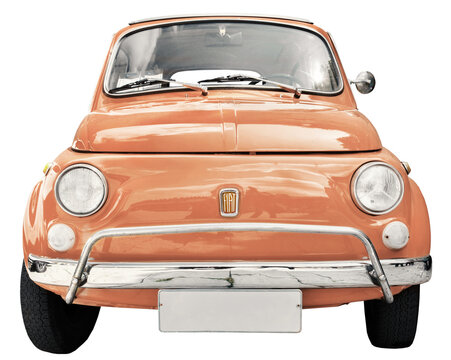 vintage cars fiat 500 orange isolated. Italy April 21, 2014