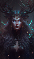 Portrait of a forest nymph, a girl in a black sexy outfit, a druid in a fabulous night world. Created with generative AI.