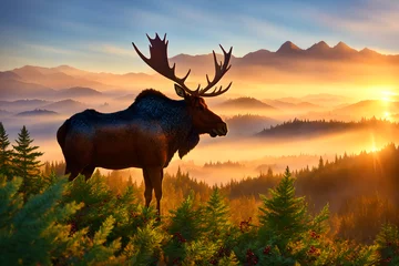 Papier Peint photo Orignal Big male Bull moose in deep coniferous forest in rays of sunset, AI generated