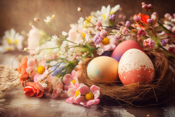 Fototapeta na wymiar Easter eggs and spring flowers Generative AI