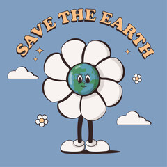Retro cartoon poster with funny cute comic character Earth with hand drawn doodles. Save the planet. Earth day.. Motivational print design template with walking cute Earth. Vector illustration