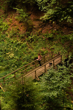 Woman in forest bridge