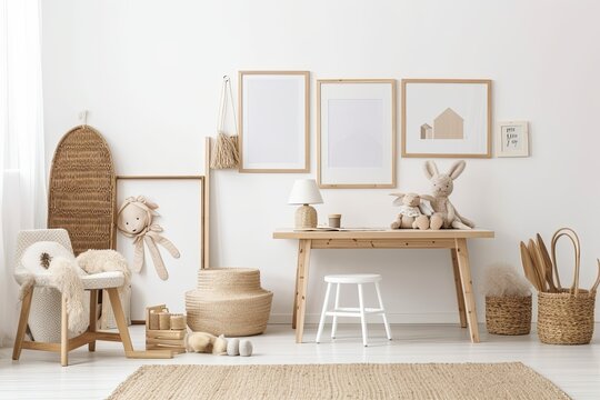 Empty picture frame on contemporary child's white wall. Scandi boho interior mockup. Free photo copying. Console, rattan chair, toys. Kid friendly room. Generative AI