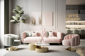 Elegant and modern living room, minimalist style, soft colors, illustration, AI generated