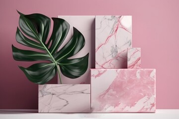 Original creative template for spa product presentation in form of composition of stone or marble slabs, bright exotic leaves in pink. Generative AI