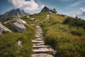 Path to mountain top house. Generative AI