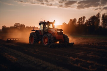 Tractor drives across large field making special beds for sowing seeds into purified soil. Agricultural vehicle works at sunset in countryside. Generative AI