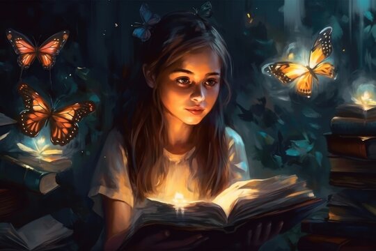 illustration painting of girl reading a book and big bulb with glowing butterflies inside, digital painting. Generative AI