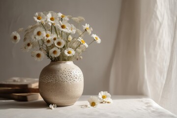 a ceramic vase of daisies on a beige wooden table near a white textured wall. Copies. Scandi minimal. Neutral modern interiors. Generative AI