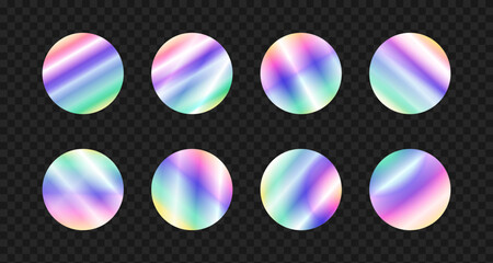 Holographic stickers template. Vector circle hologram labels with different gradient shining. Metal foil swatches on black background