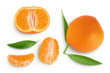 Tangerine or clementine with green leaf isolated on white background with full depth of field. Top view. Flat lay