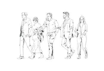 Sketch of Business people in suit walking in the city. People with rucksack, handbags and mobile phones. 