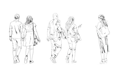 Fototapeta na wymiar Sketch of walking people in casual clothes. People walking with bags, couple holding hands and lady using mobile phone