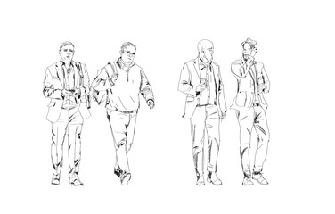 Business people in suit are walking in the city. Sketch, set of  talking, walking, using mobile phone people
