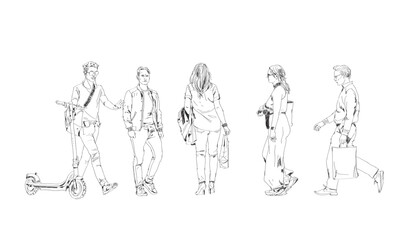 Sketch, set of walking people in casual clothes. People walking with bags, scooter or mobile phone