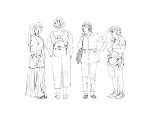 Ladies talking on the street. Sketch of people, old friends, people having time put together  in the city
