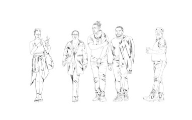 Fototapeta na wymiar Sketch of walking people, young men and women in casual clothes are walking in the city