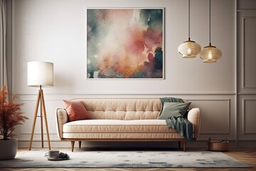 Sofa equipped hotel room. High quality scandinavian vintage living room illustration. Fake wall. Generative AI
