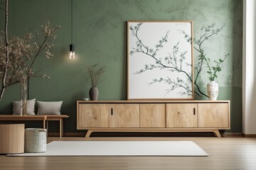 White green Japanese living room. Hardwood dresser with frame prototype. Wallpaper, parquet. Modern decor,. Generative AI
