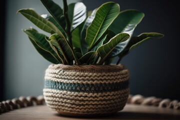 Zamioculcas or Zanzibar jewel, Zuzu plant in jute knitted flowerpot. home windowsill. indoor garden plants, simple boho décor. Generative AI