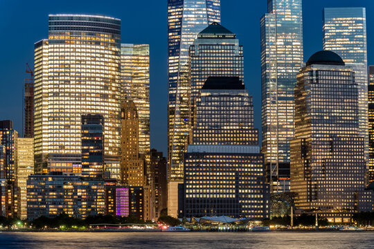 New York City Skyscrapers all lite up as night falls