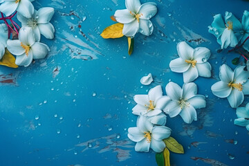 Fototapeta na wymiar white roses in water on blue background, high angle of view, created with Generative AI Technology