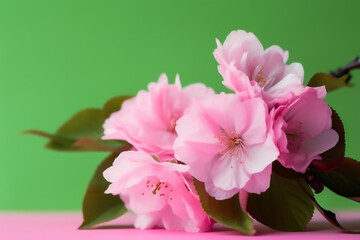 Fototapeta na wymiar Sakura. Cherry tree branch with big pink flowers on green background. AI generated content