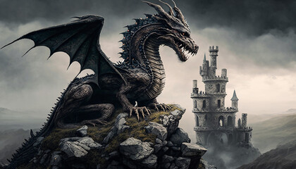 Fototapeta premium dragon on the roof dark cloud around generative ai