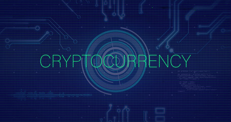 Image of cryptocurrency text, circuit board and data processing