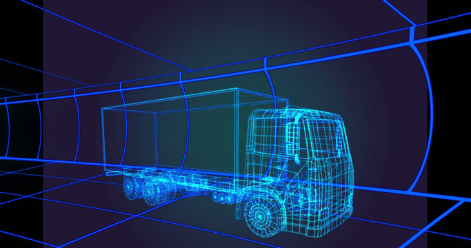 Composition of digital truck over lines on blue background