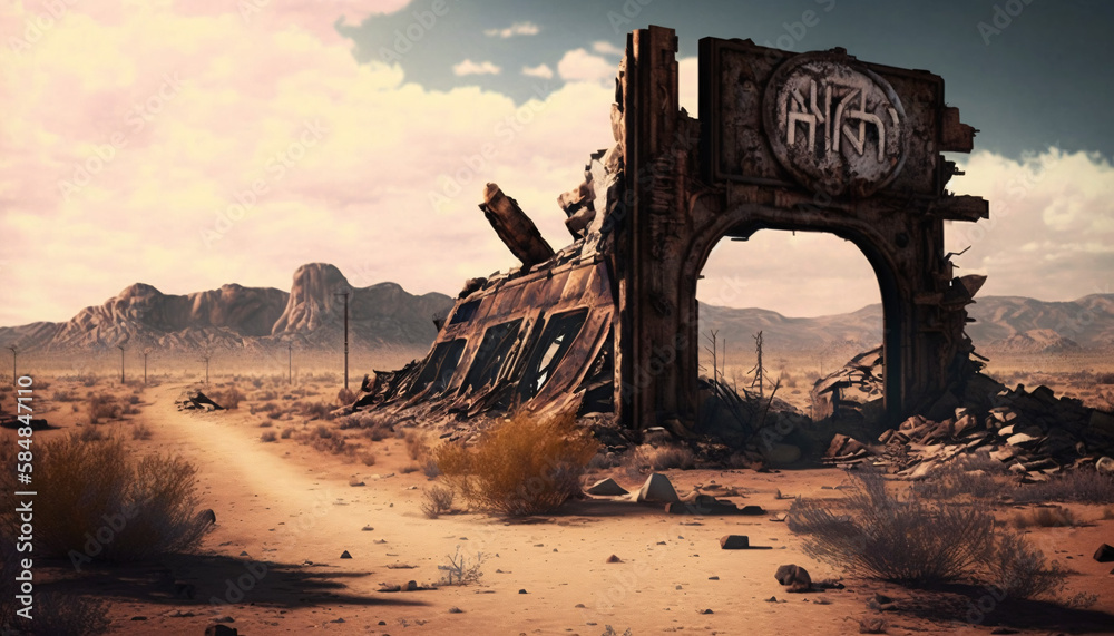 Wall mural abandoned buildings desert dry wasteland generative ai