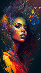 Vibrant Colorful Portrait Of A Black Woman With Multicolor Paint Splatters, Brilliant Stylized Portrait, Confident Female Empowerment Striking Colors