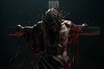 Jesus Christ crucified on the cross. Passion and crucifixion. Concept for catholic religion, christian worship, holy week and Easter Day concept. Generative ai