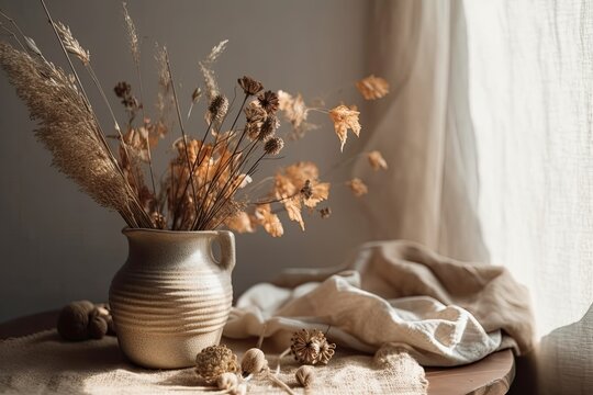 Dry flowers in a white vase on beige cloth. House decor. Generative AI