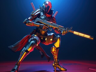 Futuristic game character hero soldier in armor wears night vision helmet holds assault rifle weapon on night light dangerous cyberpunk game play cinematic scene. Generative AI