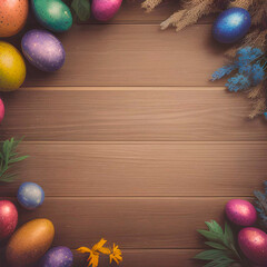 Easter eggs theme for easter message with wood background. Generative AI