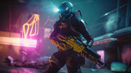 Futuristic game character hero soldier in armor wears night vision helmet holds assault rifle weapon on night light dangerous cyberpunk game play cinematic scene. Generative AI - obrazy, fototapety, plakaty
