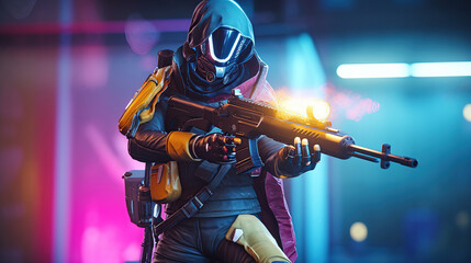Futuristic game character hero soldier in armor wears night vision helmet holds assault rifle weapon on night light dangerous cyberpunk game play cinematic scene. Generative AI - obrazy, fototapety, plakaty
