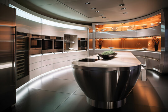A kitchen with a futuristic design, featuring stainless steel appliances, sleek white cabinets, LED lighting, and a touch screen interface