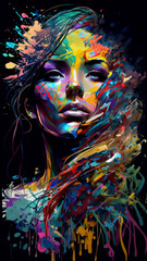 Fototapeta na wymiar Woman With Painted Skin Abstract Digital Art, Paint Splattered Hair, Mysterious Woman Face Portrait On A Black Background