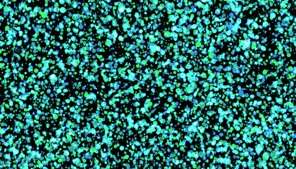 Abstract background of shiny green and blue particles.