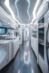 Fototapeta premium A kitchen with a futuristic design, featuring stainless steel appliances, sleek white cabinets, LED lighting, and a touch screen interface