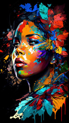 Black Woman With Brilliant Paint Splatter Digital Art On A Black Background, Confident Woman Portrait
