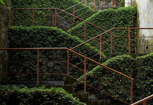 Closeup regular garden green steps and handrails