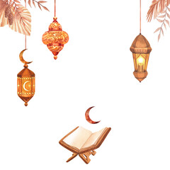 Watercolor frame golden lamp lantern, dry flowers and holy book of Koran.Hand-drawn illustration isolated on white background. For islamic celebration day ramadan kareem, eid al fitr adha, arab design