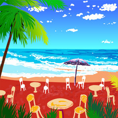Tropical outdoor restaurant on the beach in front of blue sea. Vector illustration.
