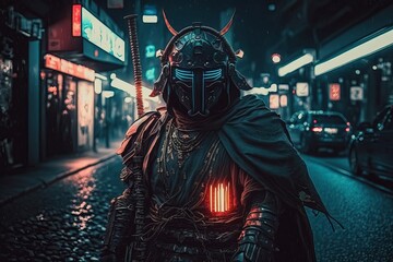 Fototapeta na wymiar Samurai wearing mask in the middle of street with neon lights at night. Generative AI