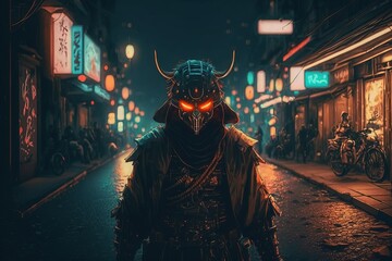 Fototapeta na wymiar Samurai wearing mask in the middle of street with neon lights at night. Generative AI